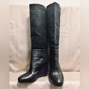 Women’s Vince Black Suede w/ Leather Bottom Knee High Wedge Boots Sz. 9